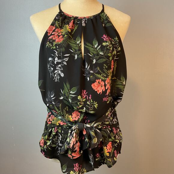 Parker Halter Floral Tank Keyhole Tie Waist High Neck Small Feminine Dainty - Picture 1 of 7